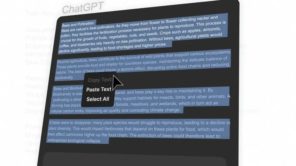 Frame from the Lunchbreak explainer: text selected and copied in the app